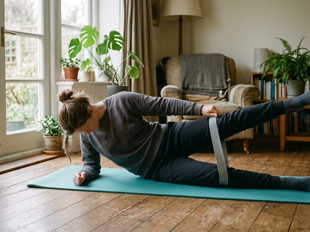 A person part-way through a rehabilitation exercise on a mat beside a window at home