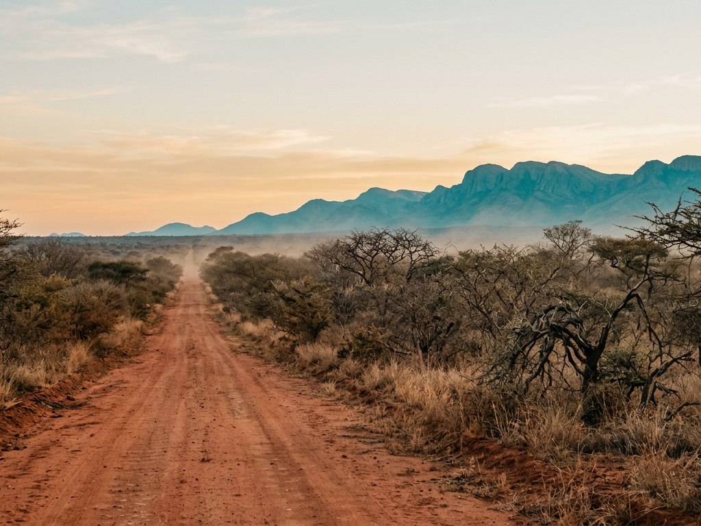 A dirt road running straight through dry bushveld at first light