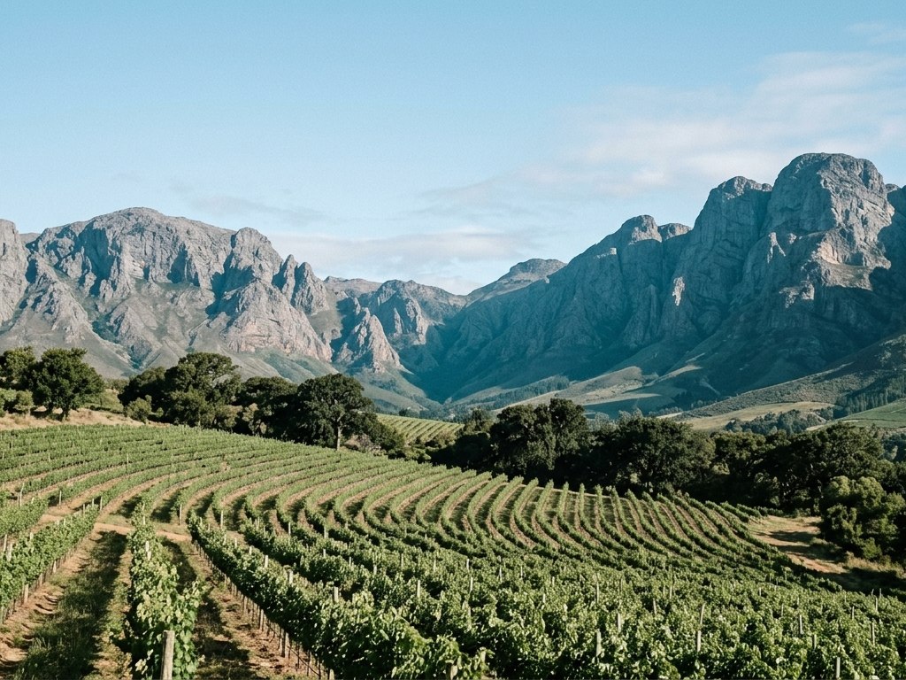 Cape mountains rising behind vineyards in early summer light