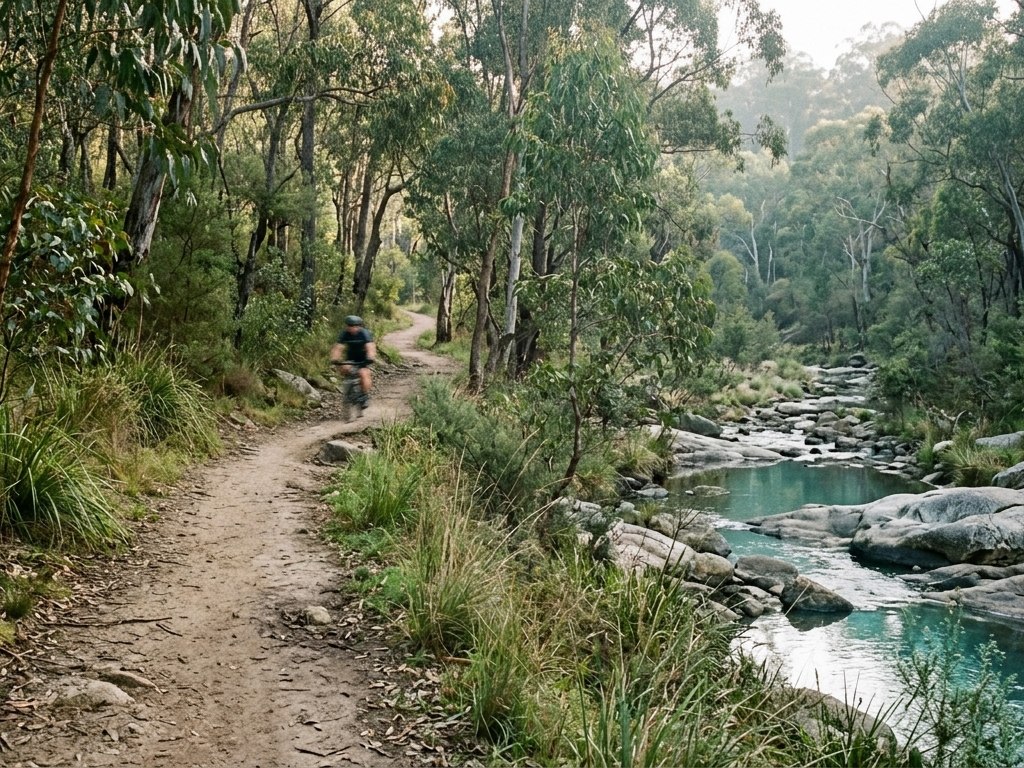 A dirt trail beside a shallow stream running over smooth granite, worn by runners and cyclists