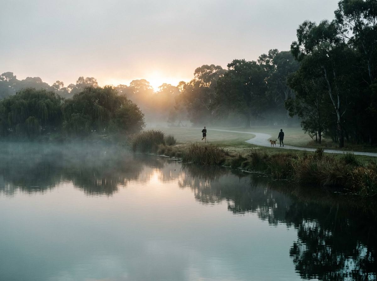 Early morning at a suburban park dam, a distant runner on the path through the mist