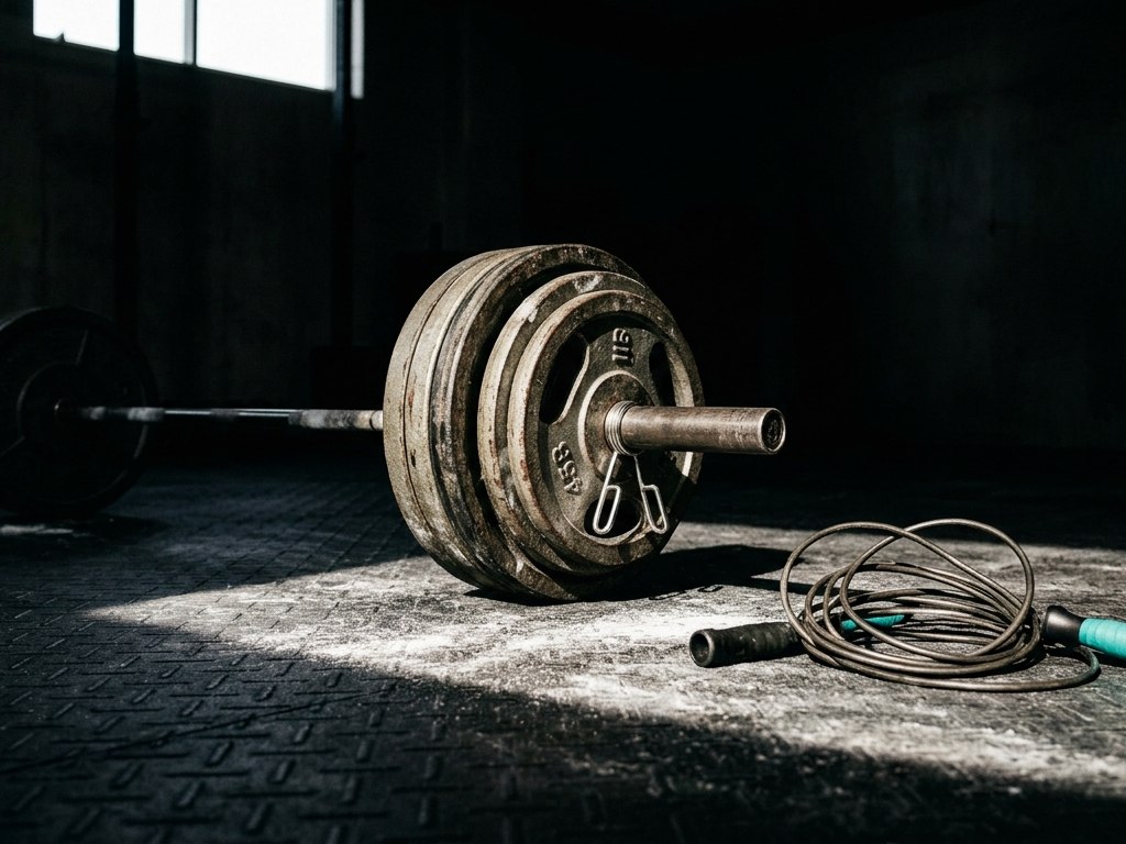 A barbell loaded on the floor of a gym in hard morning light