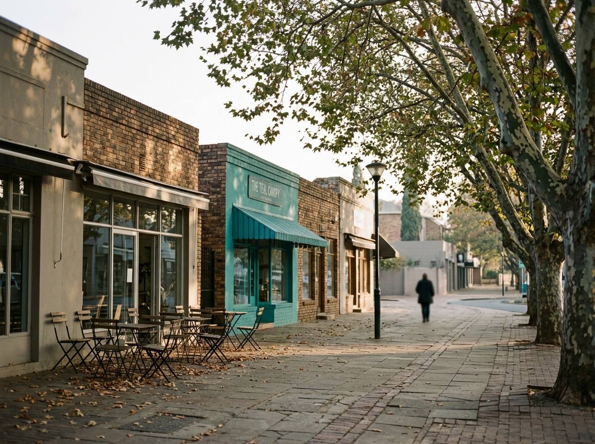 A quiet morning on a walkable suburban high street of independent shops and pavement tables