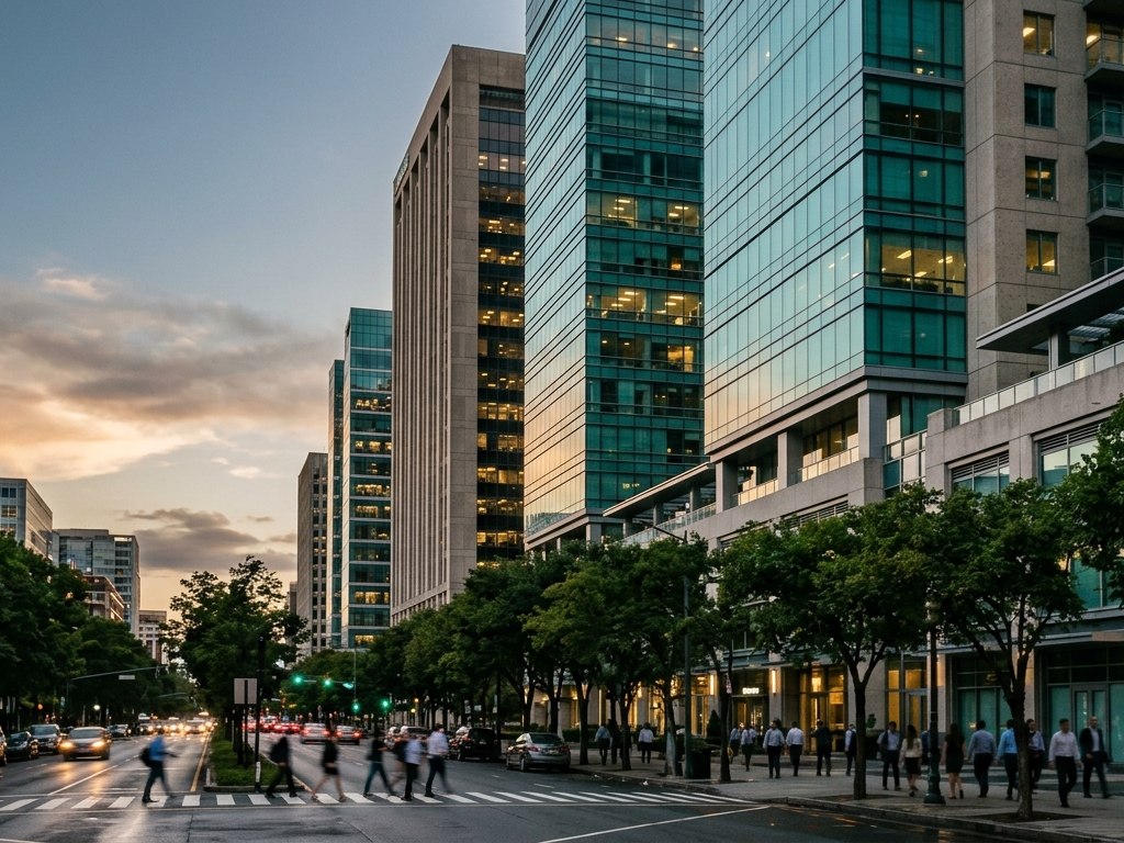 Office towers above a tree-lined street at the end of a working day