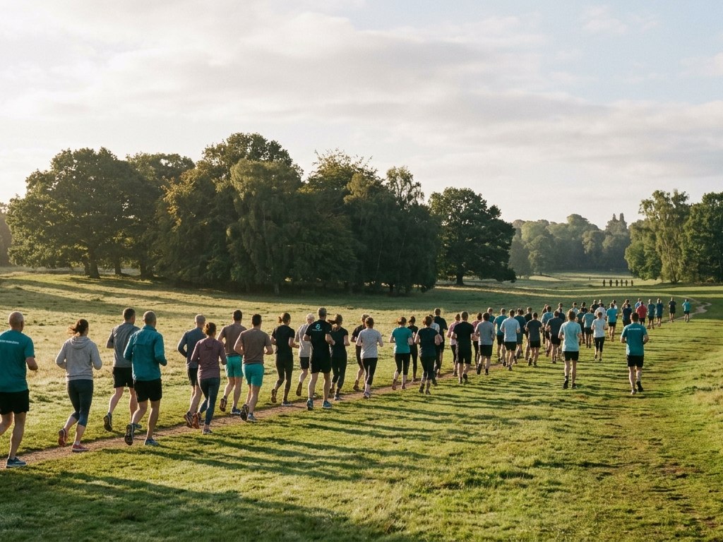 Open parkland on a Saturday morning, a scattered field of runners crossing the grass