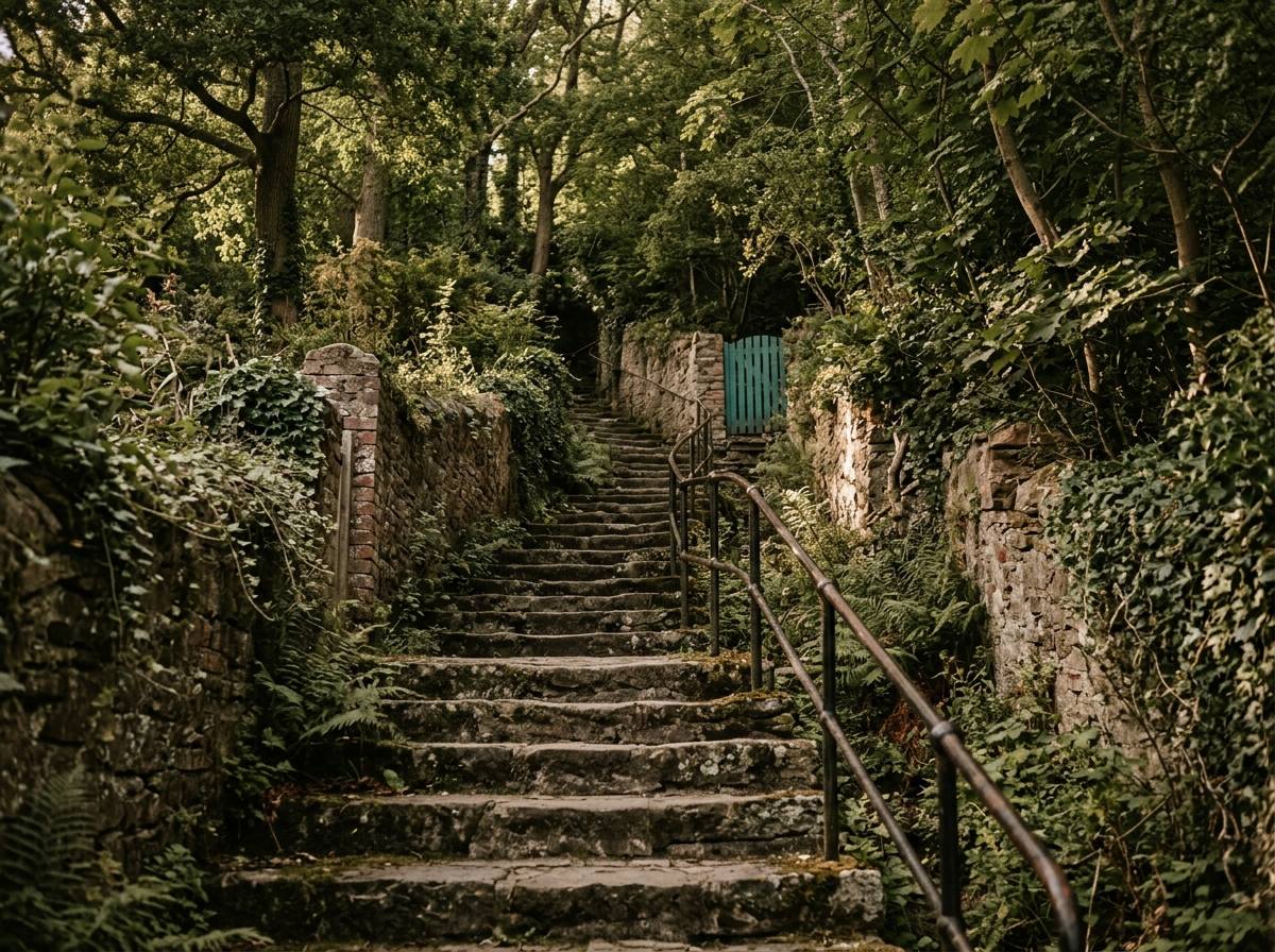 A long flight of weathered stone steps climbing a steep, tree-covered residential ridge