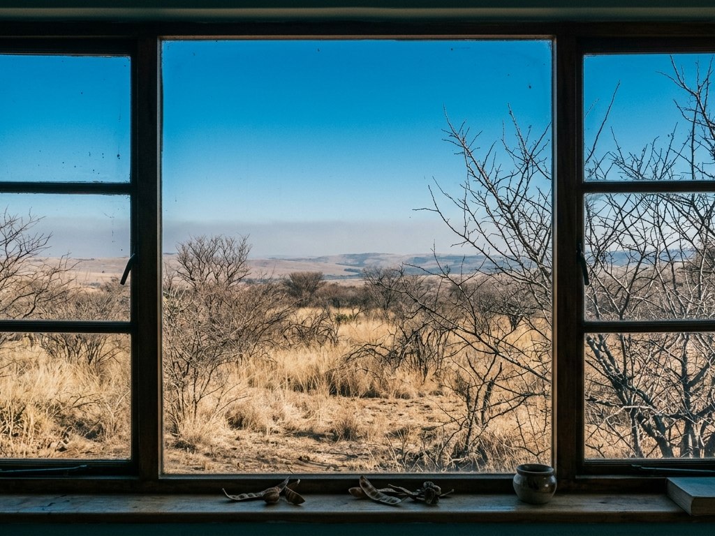 Hard, clear winter light through a window over a dry Johannesburg garden