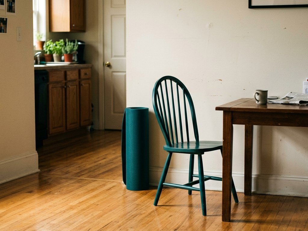 A kitchen table cleared to one side with a chair pulled out, in afternoon light