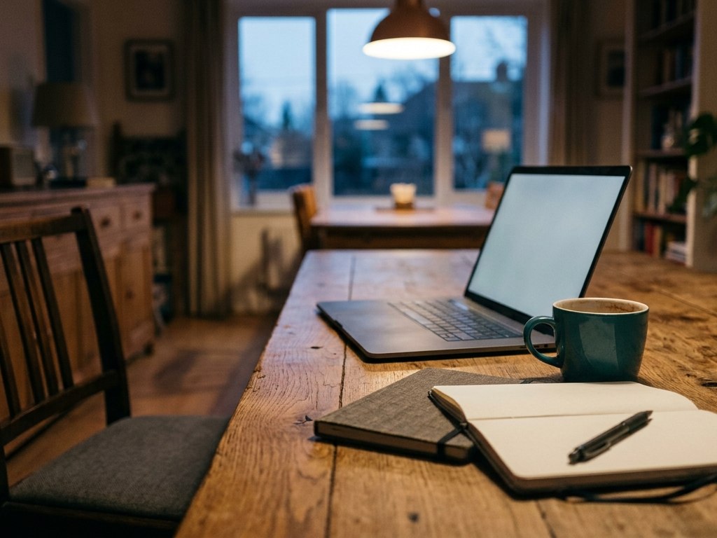 A laptop open on a dining table with the chair pushed back, late in the day