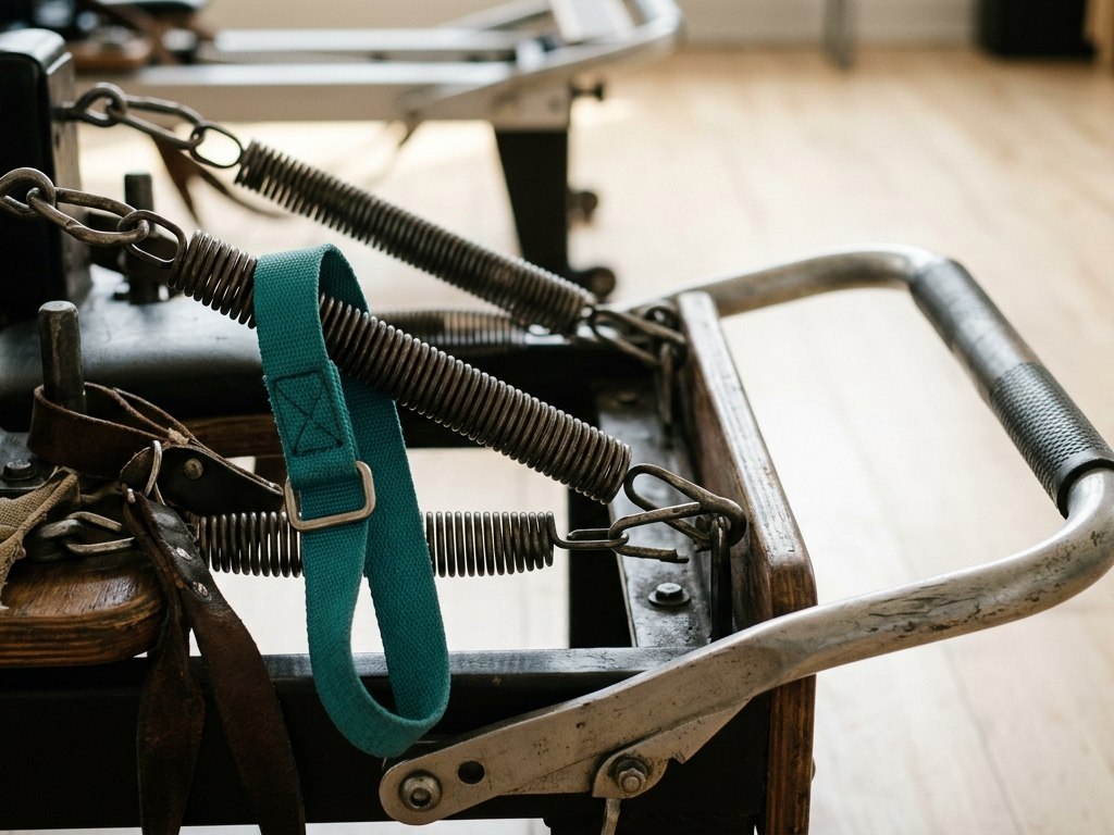 The springs and footbar of a Pilates reformer in raking studio light