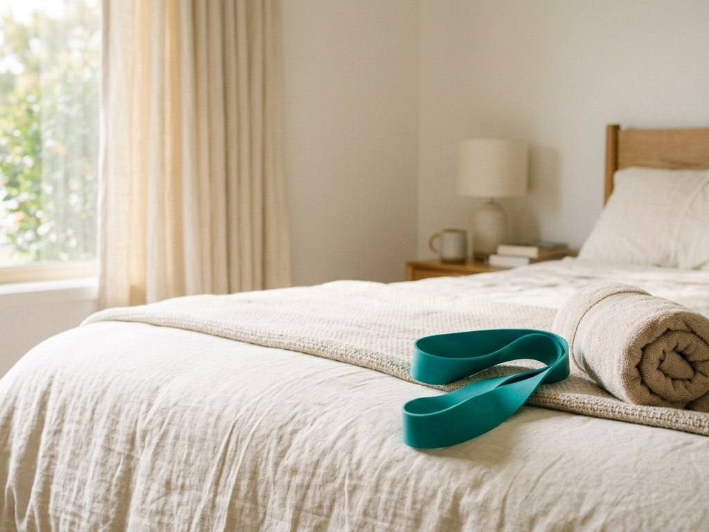 A resistance band and a folded towel on the end of a made bed in morning light