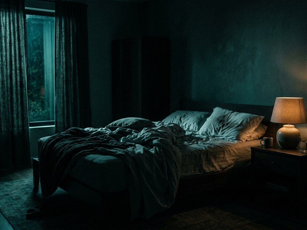 A dark bedroom before dawn with a single lamp lit and the bed disturbed